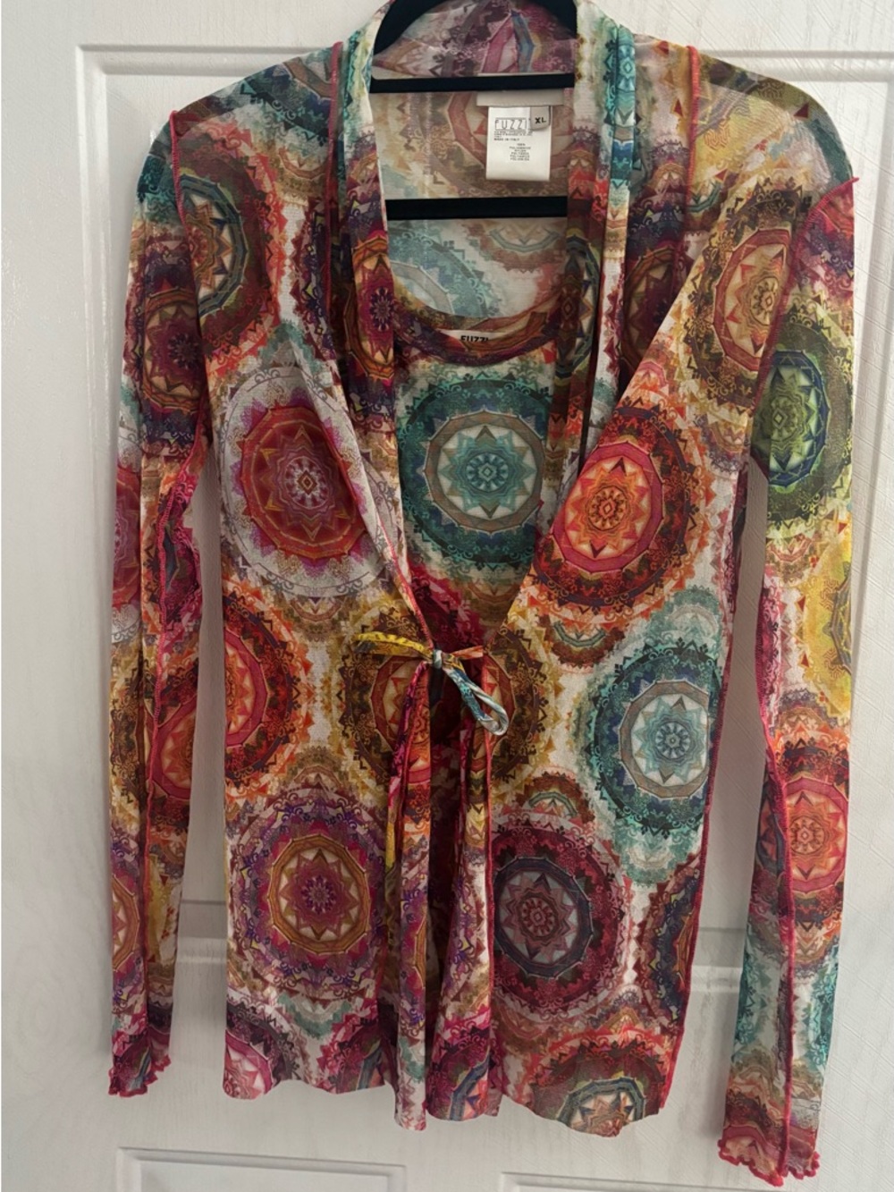 Fuzzi tie front cardigan long sleeve mesh / cardigan and top set
